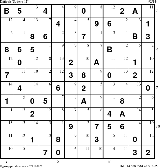 The grouppuzzles.com Difficult Sudoku-12 puzzle for Thursday September 11, 2025 with all 14 steps marked
