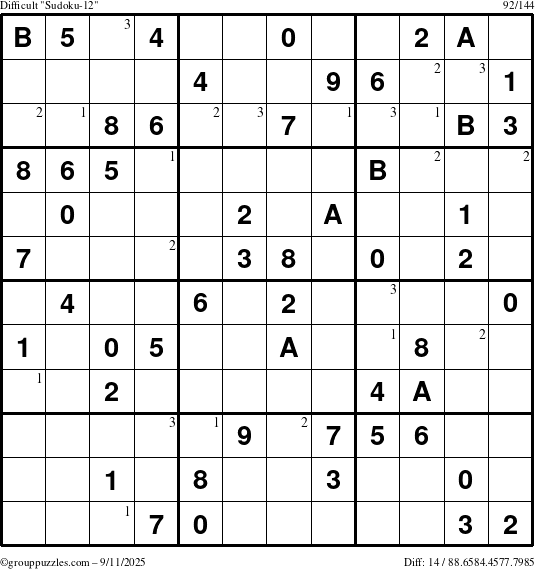 The grouppuzzles.com Difficult Sudoku-12 puzzle for Thursday September 11, 2025 with the first 3 steps marked