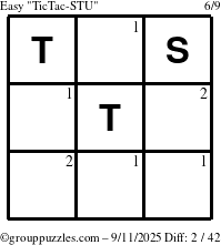 The grouppuzzles.com Easy TicTac-STU puzzle for Thursday September 11, 2025 with the first 2 steps marked