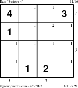 The grouppuzzles.com Easy Sudoku-4 puzzle for Sunday April 6, 2025 with all 2 steps marked