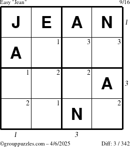 The grouppuzzles.com Easy Jean puzzle for Sunday April 6, 2025 with all 3 steps marked