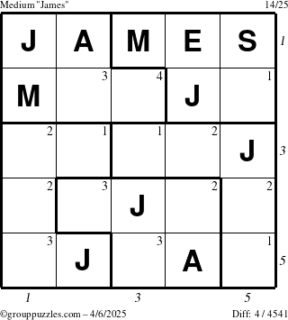 The grouppuzzles.com Medium James puzzle for Sunday April 6, 2025, suitable for printing, with all 4 steps marked