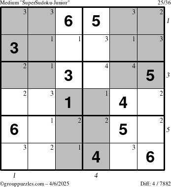 The grouppuzzles.com Medium SuperSudoku-Junior puzzle for Sunday April 6, 2025 with all 4 steps marked
