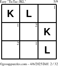 The grouppuzzles.com Easy TicTac-JKL puzzle for Sunday April 6, 2025 with the first 2 steps marked