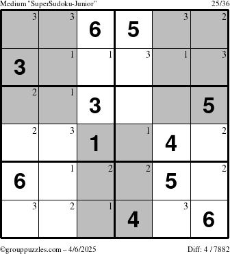 The grouppuzzles.com Medium SuperSudoku-Junior puzzle for Sunday April 6, 2025 with the first 3 steps marked