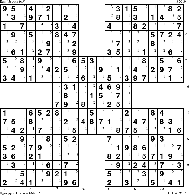 The grouppuzzles.com Easy Sudoku-by5 puzzle for Sunday April 6, 2025, suitable for printing, with all 4 steps marked
