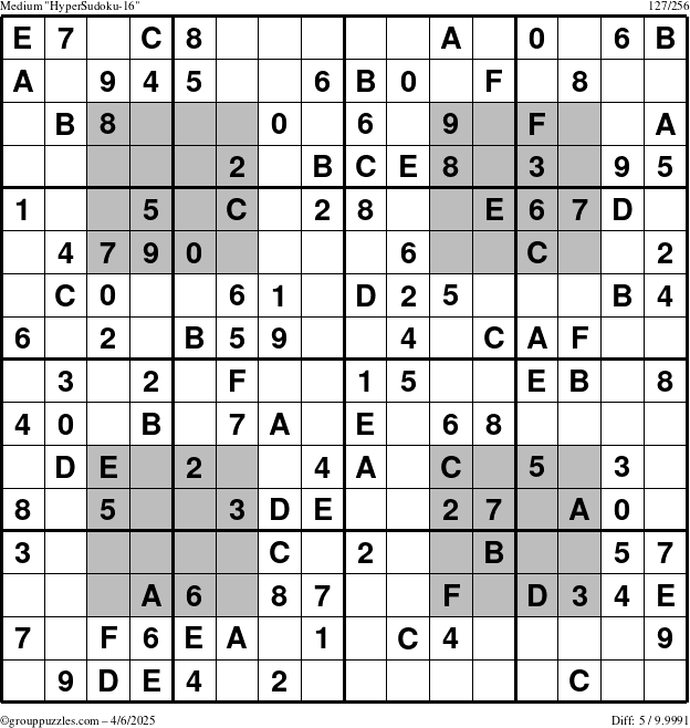The grouppuzzles.com Medium HyperSudoku-16 puzzle for Sunday April 6, 2025