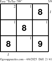 The grouppuzzles.com Easy TicTac-789 puzzle for Sunday April 6, 2025, suitable for printing, with all 2 steps marked