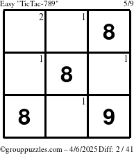 The grouppuzzles.com Easy TicTac-789 puzzle for Sunday April 6, 2025 with the first 2 steps marked