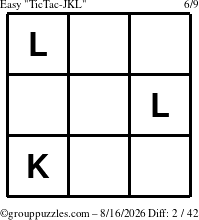 The grouppuzzles.com Easy TicTac-JKL puzzle for Sunday August 16, 2026