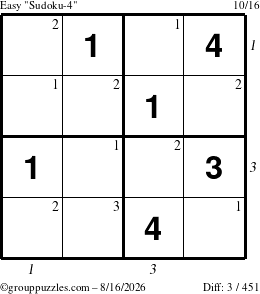 The grouppuzzles.com Easy Sudoku-4 puzzle for Sunday August 16, 2026 with all 3 steps marked