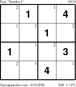 The grouppuzzles.com Easy Sudoku-4 puzzle for Sunday August 16, 2026 with the first 3 steps marked