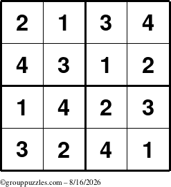 The grouppuzzles.com Answer grid for the Sudoku-4 puzzle for Sunday August 16, 2026