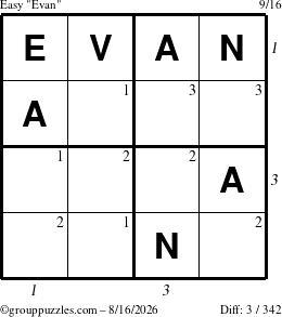 The grouppuzzles.com Easy Evan puzzle for Sunday August 16, 2026 with all 3 steps marked