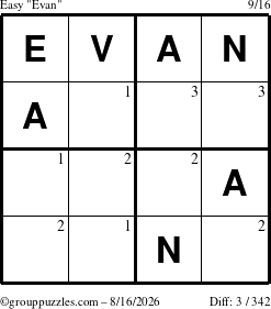 The grouppuzzles.com Easy Evan puzzle for Sunday August 16, 2026 with the first 3 steps marked