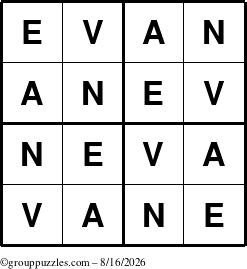 The grouppuzzles.com Answer grid for the Evan puzzle for Sunday August 16, 2026