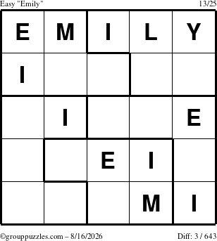 The grouppuzzles.com Easy Emily puzzle for Sunday August 16, 2026