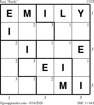 The grouppuzzles.com Easy Emily puzzle for Sunday August 16, 2026, suitable for printing, with all 3 steps marked