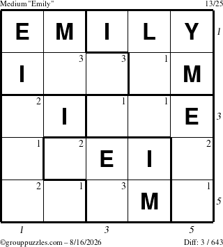 The grouppuzzles.com Medium Emily puzzle for Sunday August 16, 2026, suitable for printing, with all 3 steps marked
