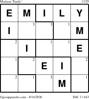 The grouppuzzles.com Medium Emily puzzle for Sunday August 16, 2026 with the first 3 steps marked