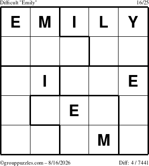 The grouppuzzles.com Difficult Emily puzzle for Sunday August 16, 2026