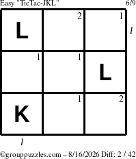 The grouppuzzles.com Easy TicTac-JKL puzzle for Sunday August 16, 2026, suitable for printing, with all 2 steps marked
