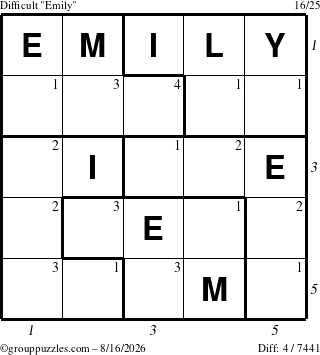 The grouppuzzles.com Difficult Emily puzzle for Sunday August 16, 2026 with all 4 steps marked