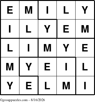 The grouppuzzles.com Answer grid for the Emily puzzle for Sunday August 16, 2026