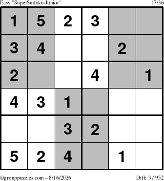 The grouppuzzles.com Easy SuperSudoku-Junior puzzle for Sunday August 16, 2026