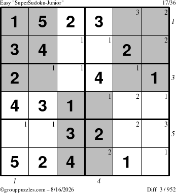 The grouppuzzles.com Easy SuperSudoku-Junior puzzle for Sunday August 16, 2026, suitable for printing, with all 3 steps marked