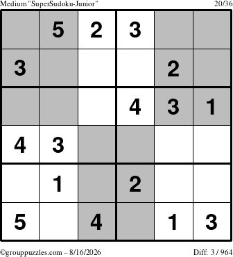 The grouppuzzles.com Medium SuperSudoku-Junior puzzle for Sunday August 16, 2026