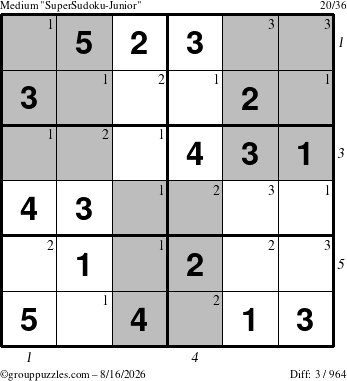 The grouppuzzles.com Medium SuperSudoku-Junior puzzle for Sunday August 16, 2026 with all 3 steps marked