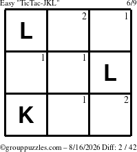 The grouppuzzles.com Easy TicTac-JKL puzzle for Sunday August 16, 2026 with the first 2 steps marked