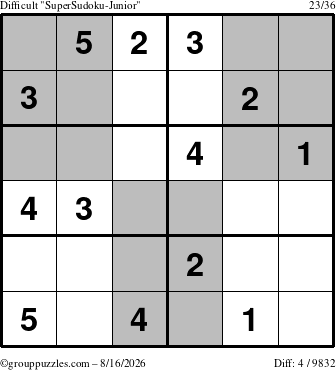 The grouppuzzles.com Difficult SuperSudoku-Junior puzzle for Sunday August 16, 2026