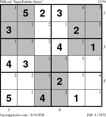 The grouppuzzles.com Difficult SuperSudoku-Junior puzzle for Sunday August 16, 2026 with all 4 steps marked