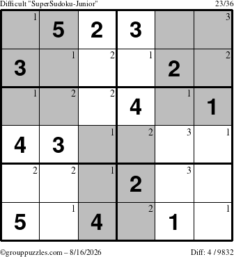 The grouppuzzles.com Difficult SuperSudoku-Junior puzzle for Sunday August 16, 2026 with the first 3 steps marked