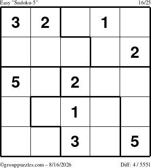 The grouppuzzles.com Easy Sudoku-5 puzzle for Sunday August 16, 2026