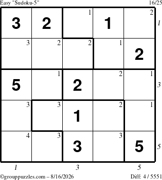 The grouppuzzles.com Easy Sudoku-5 puzzle for Sunday August 16, 2026 with all 4 steps marked