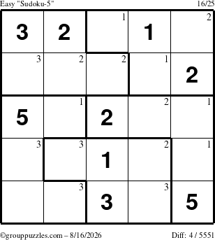 The grouppuzzles.com Easy Sudoku-5 puzzle for Sunday August 16, 2026 with the first 3 steps marked