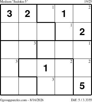 The grouppuzzles.com Medium Sudoku-5 puzzle for Sunday August 16, 2026 with the first 3 steps marked