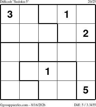 The grouppuzzles.com Difficult Sudoku-5 puzzle for Sunday August 16, 2026