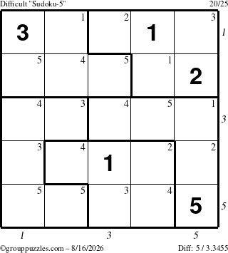 The grouppuzzles.com Difficult Sudoku-5 puzzle for Sunday August 16, 2026 with all 5 steps marked