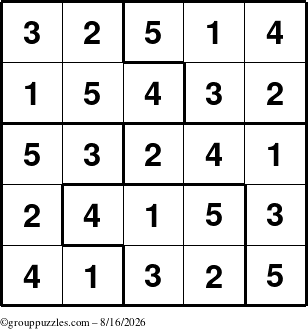 The grouppuzzles.com Answer grid for the Sudoku-5 puzzle for Sunday August 16, 2026