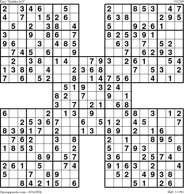 The grouppuzzles.com Easy Sudoku-by5 puzzle for Sunday August 16, 2026