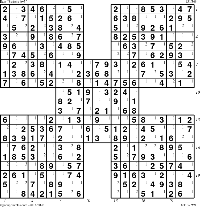 The grouppuzzles.com Easy Sudoku-by5 puzzle for Sunday August 16, 2026 with all 3 steps marked