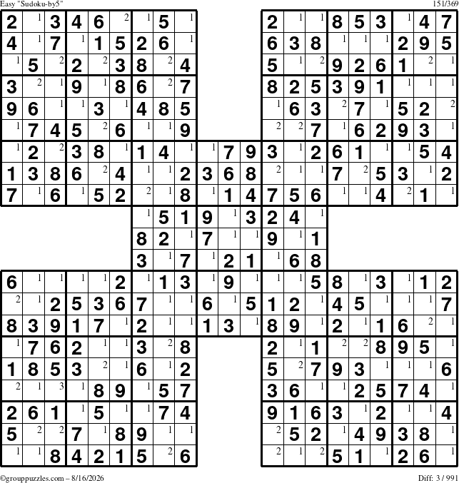 The grouppuzzles.com Easy Sudoku-by5 puzzle for Sunday August 16, 2026 with the first 3 steps marked