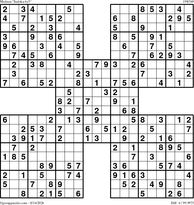 The grouppuzzles.com Medium Sudoku-by5 puzzle for Sunday August 16, 2026