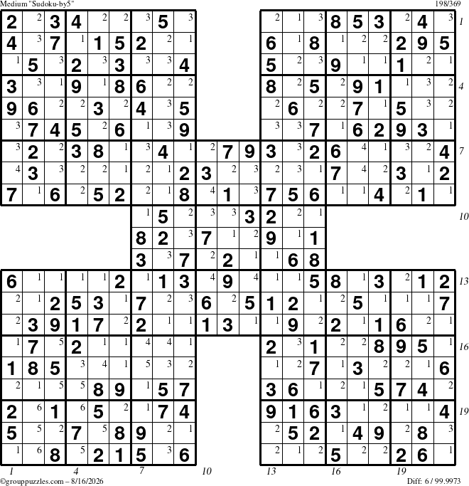 The grouppuzzles.com Medium Sudoku-by5 puzzle for Sunday August 16, 2026 with all 6 steps marked