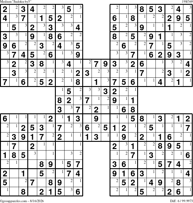 The grouppuzzles.com Medium Sudoku-by5 puzzle for Sunday August 16, 2026 with the first 3 steps marked