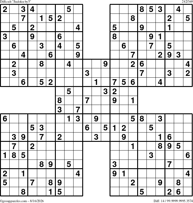 The grouppuzzles.com Difficult Sudoku-by5 puzzle for Sunday August 16, 2026